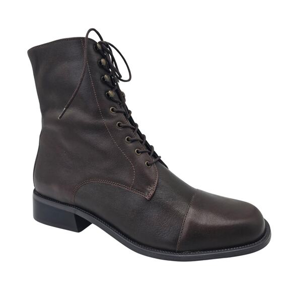 Details Brown Leather Combat Style Boots Cap Toe Lace Up Casual Bootie Men's 10C - Picture 1 of 12